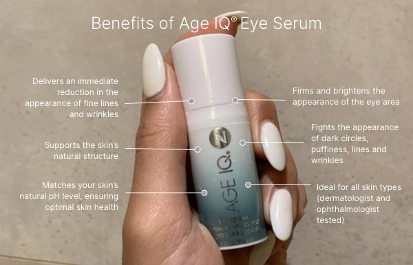 Benefits of Neora Eye Serum surrounds the product held in the hands of a woman.
