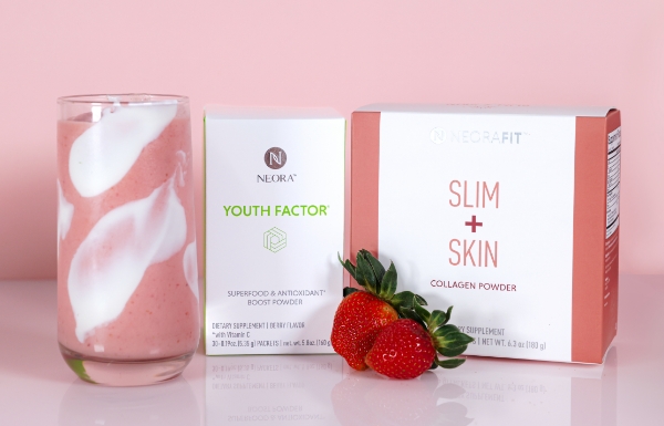 NeoraFit Slim + Glow Collagen Powder and Youth Factor Superfood & Antioxidant Boost Powder next to a smoothie